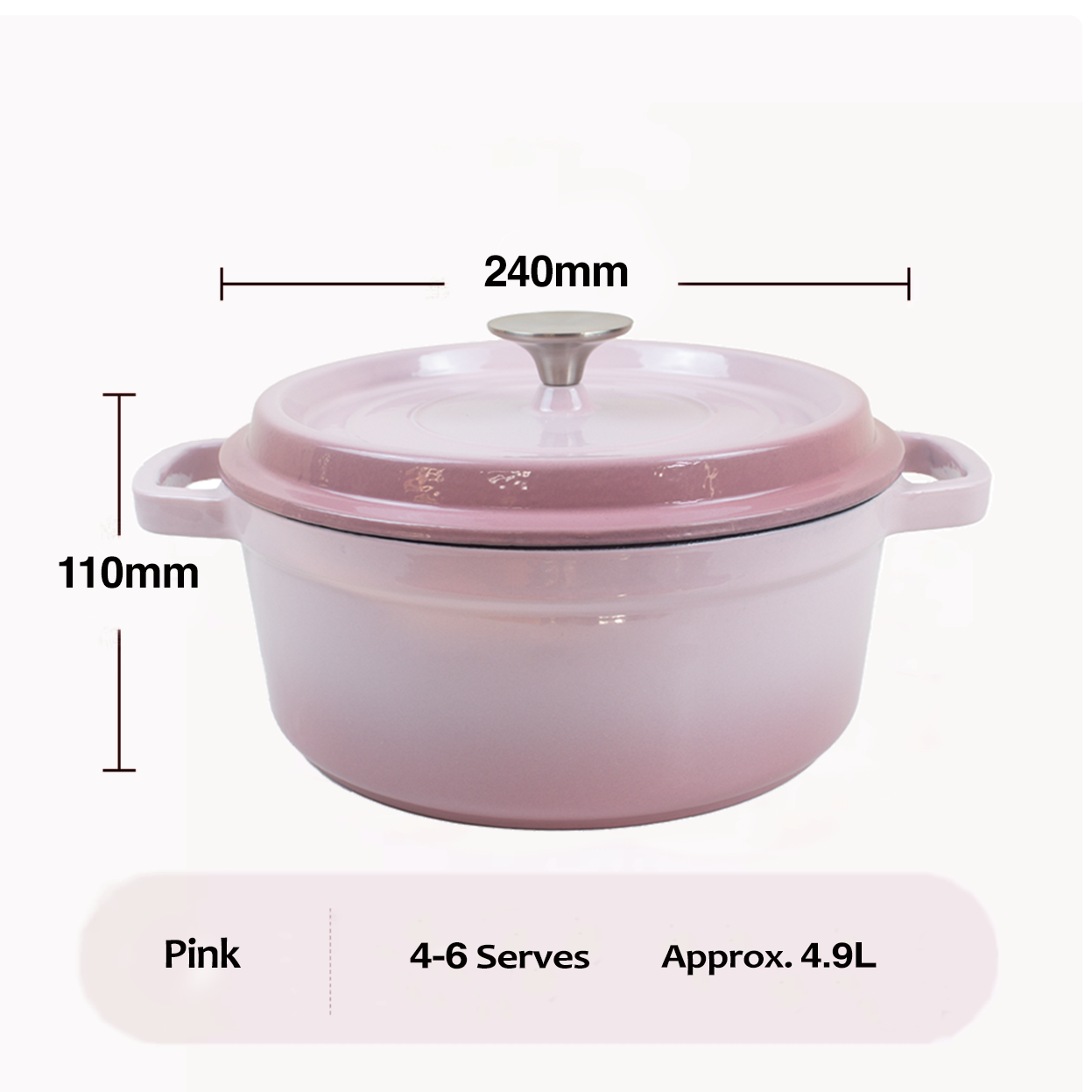 Enameled Cast Iron Pot Premium 4-Layer Coating Casserole 24cm (Pink)