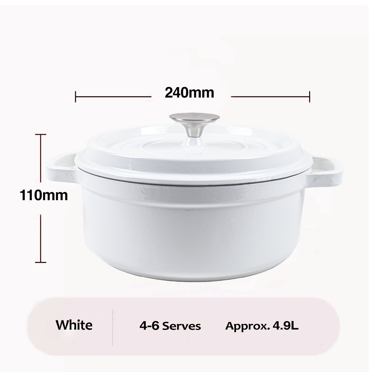 Enameled Cast Iron Pot Premium 4-Layer Coating Casserole 24cm (White)