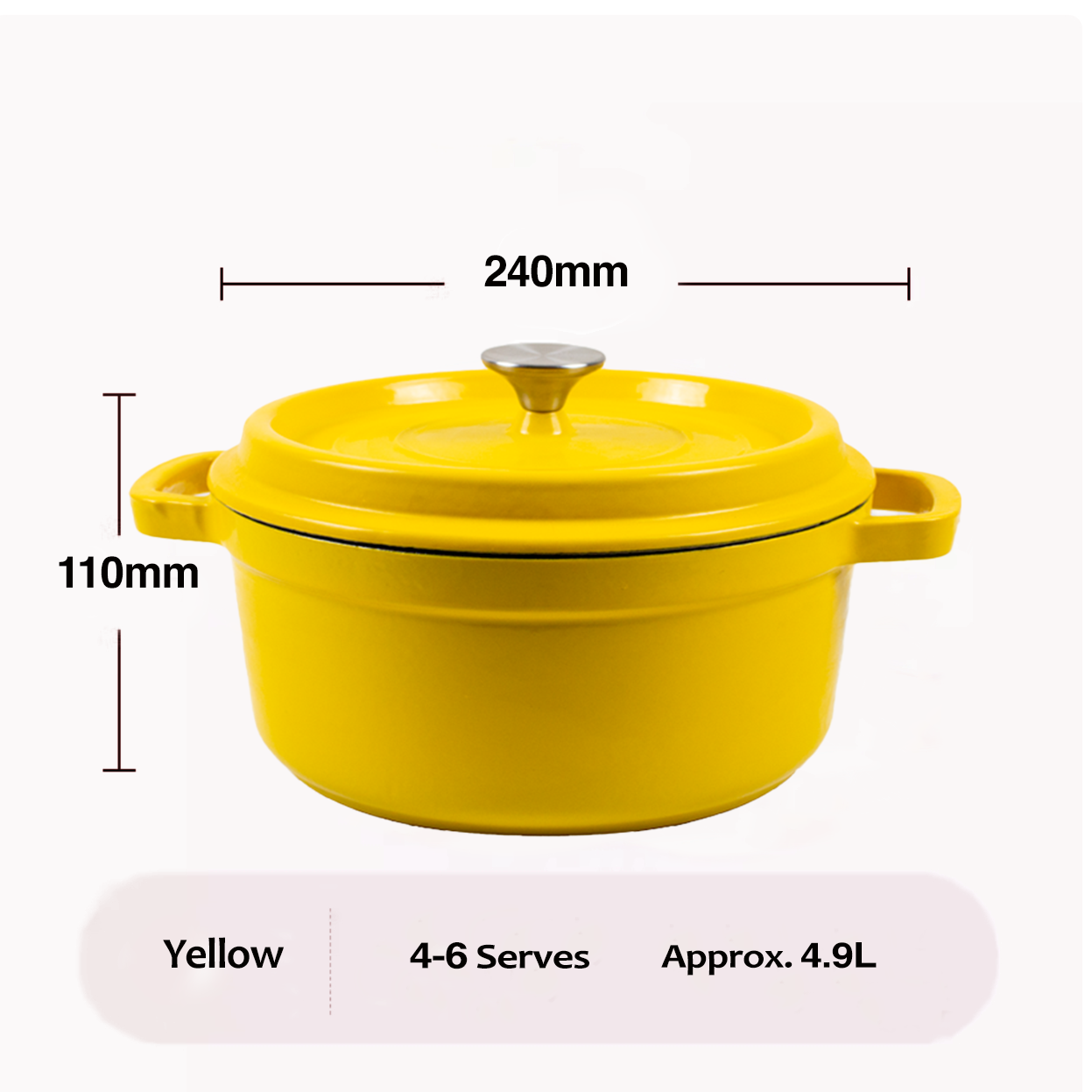 Enameled Cast Iron Pot Premium 4-Layer Coating Casserole 24cm (Yellow)