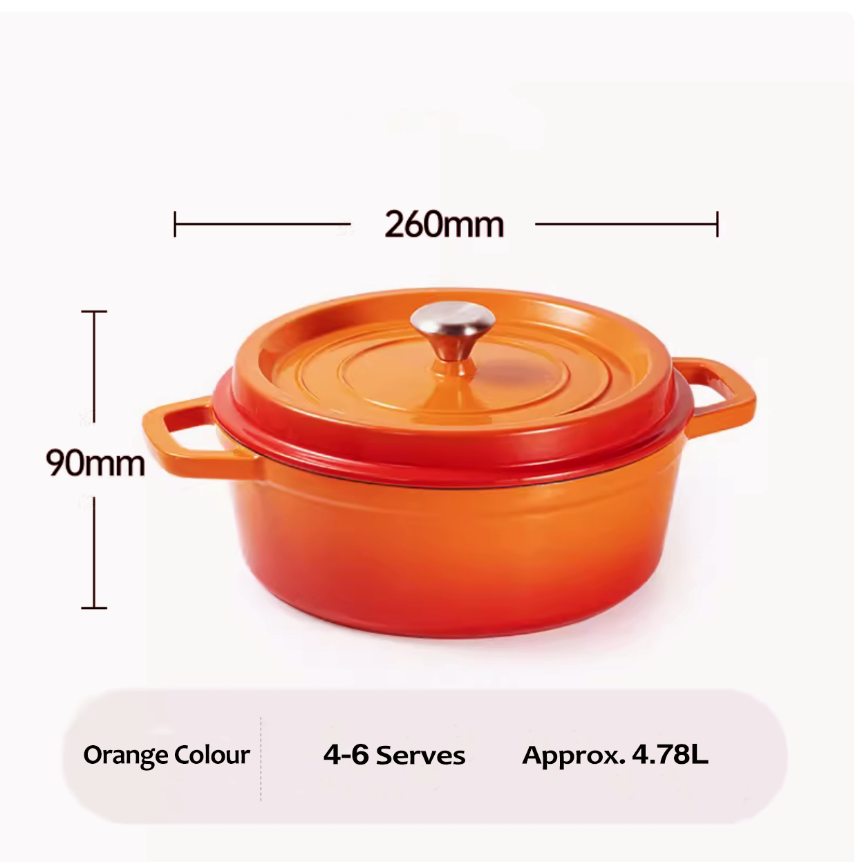 Cast Iron Casserole 4 Layered Premium Enameled Pot Dutch Oven 26cm (Orange)