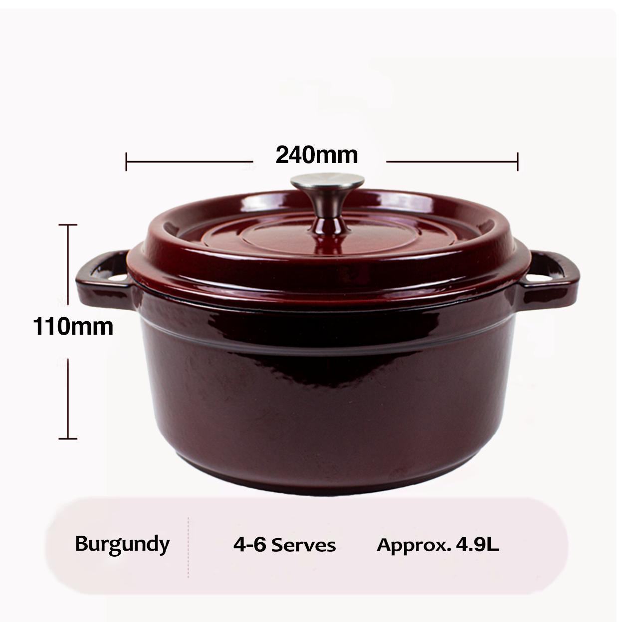 Enameled Cast Iron Pot Premium 4-Layer Coating Casserole 24cm (Dark Red)