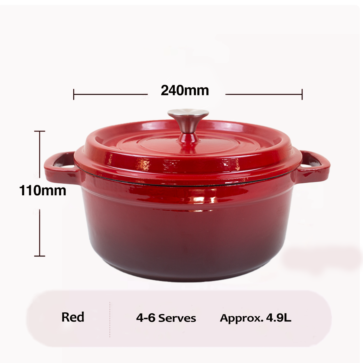 Enameled Cast Iron Pot Premium 4-Layer Coating Casserole 24cm (Red)